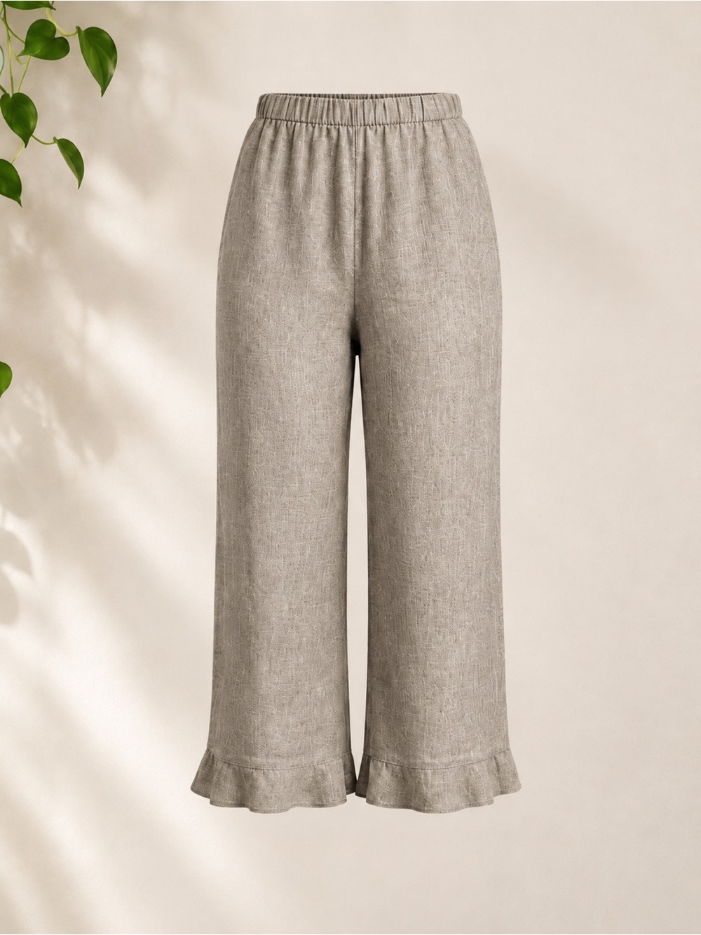 FLAX 100% Linen Cropped Ruffle-Hem Pants in Beige